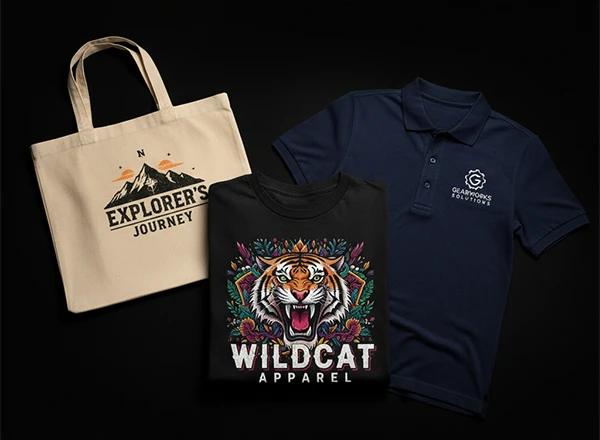 Custom embroidered and printed t-shirts in various colors at Royal Productions Nassau